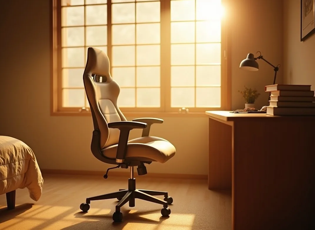 Cozy Japanese bedroom interior in late afternoon golden hour with gaming setup